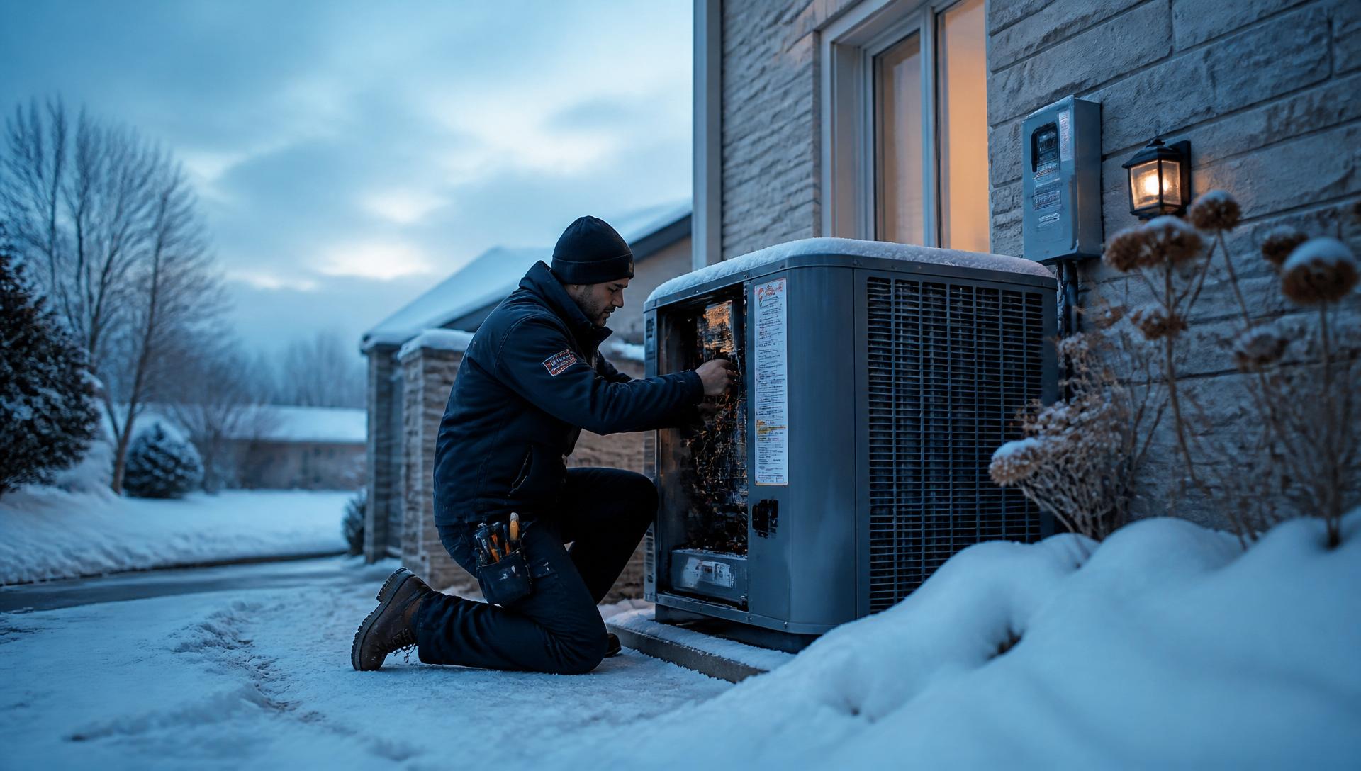 Spot On HVAC technician servicing an outdoor A/C unit in winter